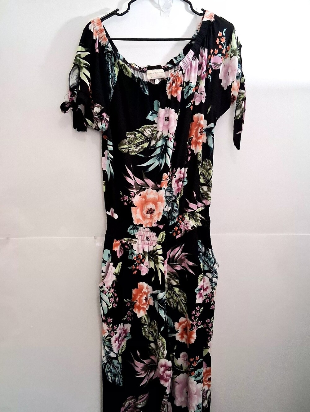 BOBBIE BROOKS Jumpsuit Black Floral Off-Shoulder Jumpsuit Size XL PullOn